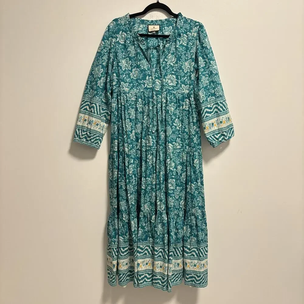Tuckernuck Teal Floral Tiered Mini Dress with White and Yellow Accents - Picture 1 of 10